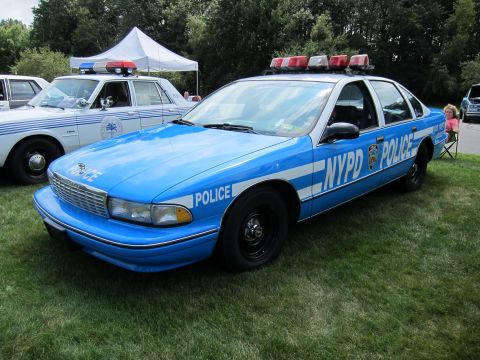 1991 Ford LTD Crown Victoria - blue-and-white NYPD Chevrolet Caprice police car with light bar parked on grass beside another blue cruiser.