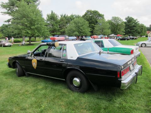 1991 Ford LTD Crown Victoria - Black police sedan with white roof, door shield emblem and red-blue light bar, parked on grass at an outdoor car show.