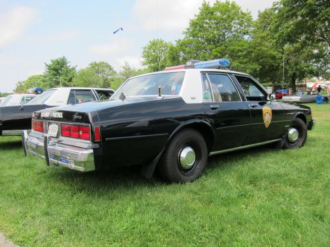 1991 Ford LTD Crown Victoria - Black police sedan with white roof, gold door shield and front push bumper, rear three-quarter view on a grass show field.