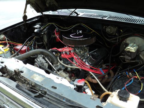 1986 Ford Bronco - The engine bay of a vehicle, showing a V8 engine with aftermarket parts and visible wiring.