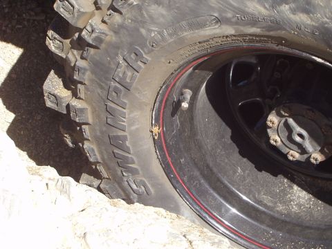 1993 Ford Bronco - A close-up view of an off-road tire and wheel assembly, a spider on the sidewall.
