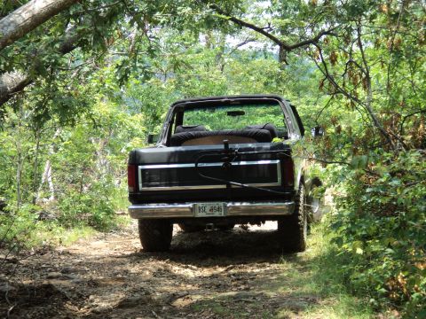 1986 Ford Bronco - Rear view of a black 1986 Ford Bronco driving on a dirt trail through a wooded area.