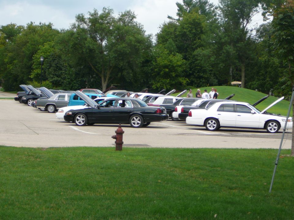 Several sedans parked in a lot, most with hoods open. A fire hydrant is in the foreground