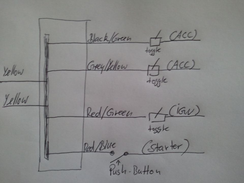 Hand-drawn ignition wiring with color-coded wires to toggle switches for ACC, IGN and starter