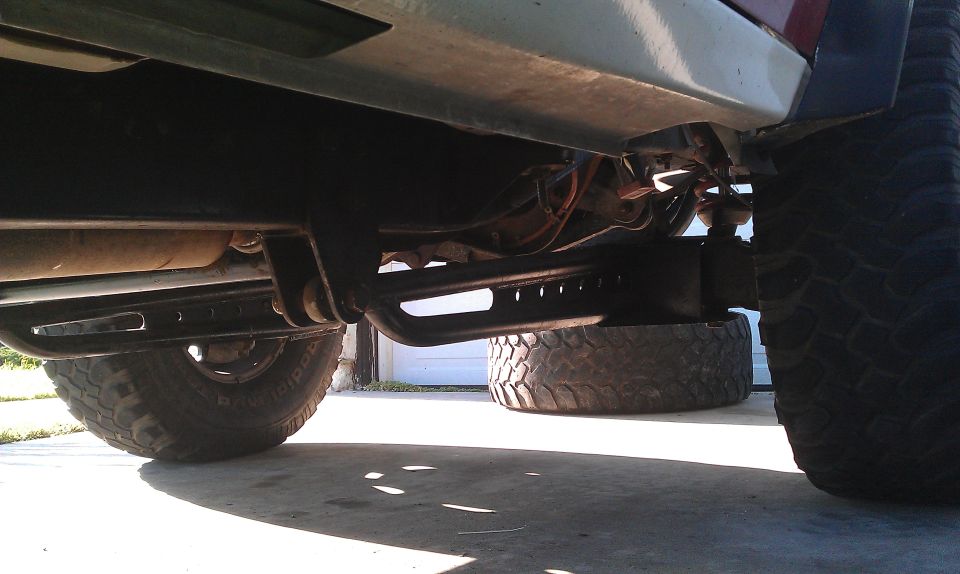 Undercarriage view of a truck with large tires and suspension components