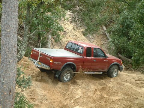 1995 Ford Bronco - Toyota Tacoma TRD pickup truck navigating a sandy incline with trees and foliage in the background.
