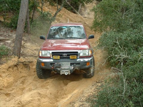 1995 Ford Bronco - A red Toyota pickup truck navigates a sandy trail in a wooded area.