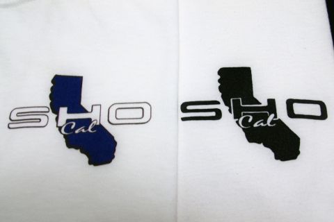 1993 Ford Taurus - Two SHOCal logos are printed on white fabric, one blue and one black, both the state of California.