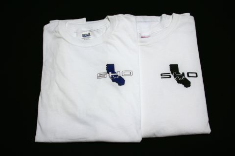 1993 Ford Taurus - Two white t-shirts are displayed against a black background, each a 'SHO Cal' logo with a California state map graphic.