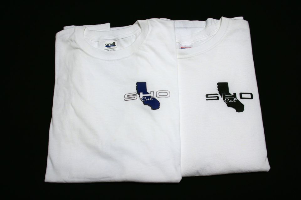 Two white t-shirts with 'SHO Cal' logo and California map graphic