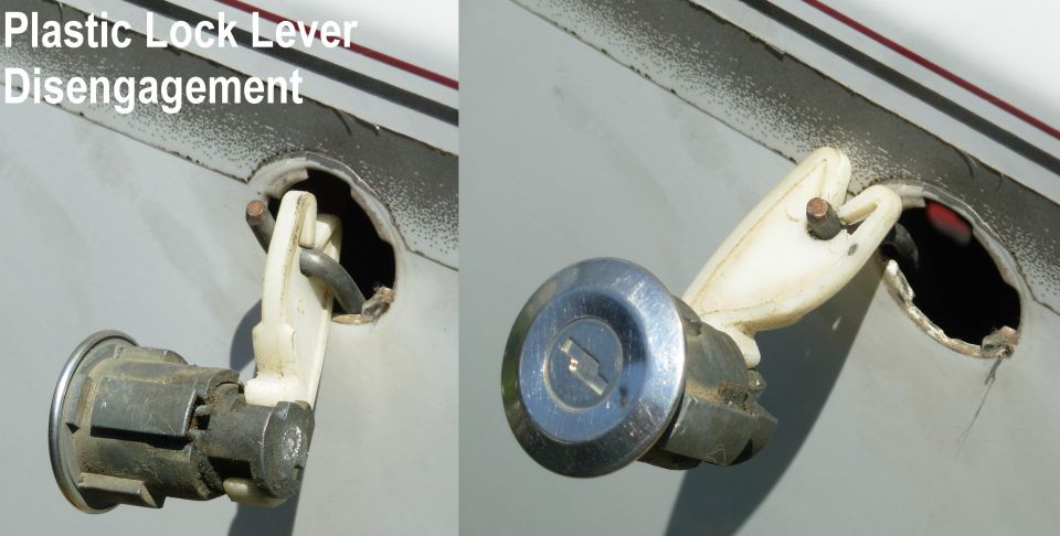 Lock Cylinder Removal with plastic arm

Since this style of plastic lever is known to break, it's safer to slide it off the end of the operating rod than to try to compress its tabs to release the rod.

The retainer clip for this lock cylinder is [url=http://www.amazon.com/dp/B000O0N0NA/]F58Z-1622023-AA[/url] (E9ZZ-6122023-A).