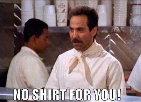 1993 Ford Taurus - A scene with two men in white shirts, one with a bandana, and text overlay "NO SHIRT FOR YOU!"
