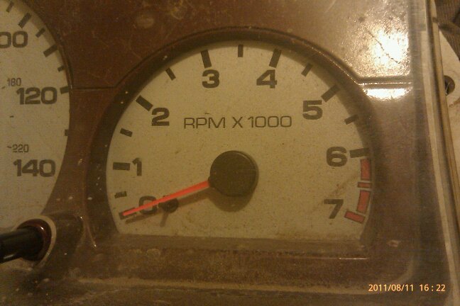 Close-up of a car's tachometer and speedometer gauges. Tachometer reads RPM x 1000