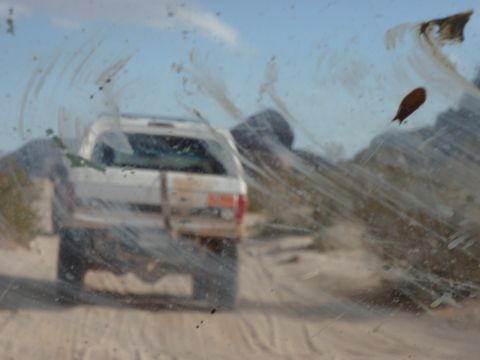 1978 Ford Bronco - View through a dirty windshield of a white SUV driving on a dusty dirt road.