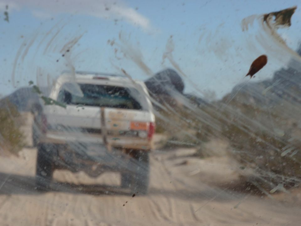 White SUV rear view on a dusty dirt road
