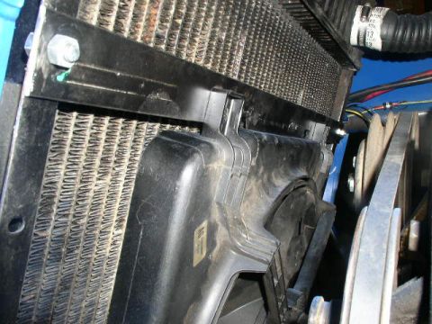 1979 Ford Bronco - Close-up of the radiator and fan assembly, likely from a 1979 Ford Bronco.