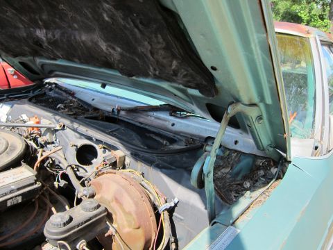 1991 Ford LTD Crown Victoria - The engine bay of a light blue car is visible with the hood open, revealing various engine components and the brake fluid reservoir.