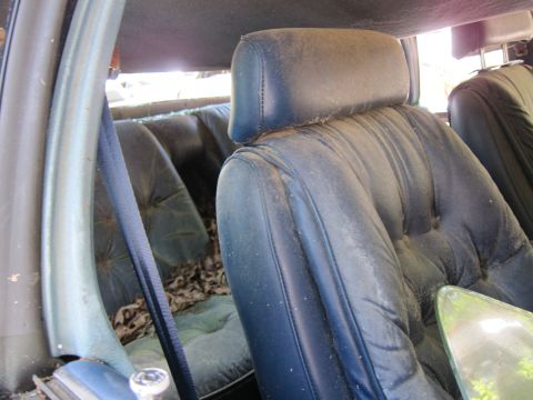1991 Ford LTD Crown Victoria - Interior view of a car with dusty blue velour seats and debris on the floor.