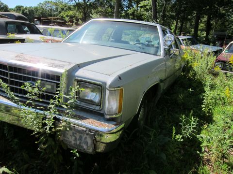 1991 Ford LTD Crown Victoria - A gray sedan sits in a junkyard, surrounded by overgrown vegetation and other vehicles.