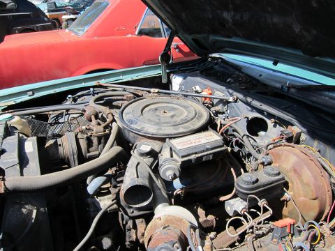 1991 Ford LTD Crown Victoria - The engine bay of a vehicle is shown, with a red car visible behind it in a junkyard setting.