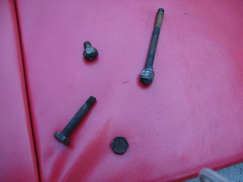1994 Ford Bronco - Several assorted bolts and a cap are laid out on a textured red surface.