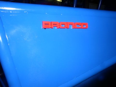1979 Ford Bronco - Close-up of a red Bronco emblem affixed to a bright blue vehicle panel.