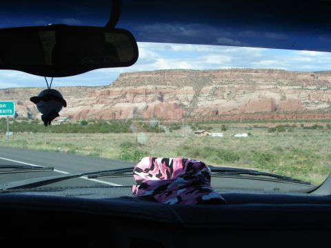 1992 Ford Taurus - View from inside a vehicle shows a desert landscape with a pink camouflage hat on the dashboard.