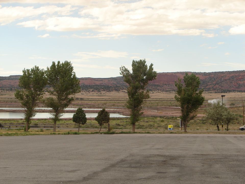 White car parked in a scenic landscape with trees and mountains