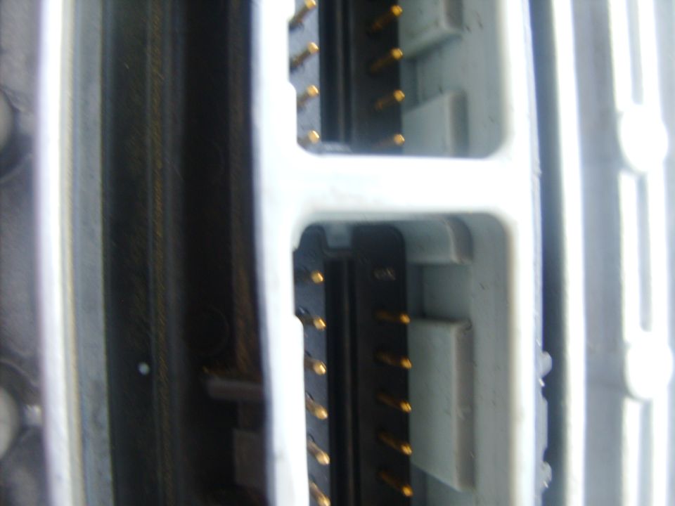 Close-up of two electrical connectors with gold pins
