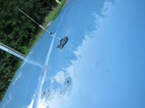 2001 Ford Crown Victoria - Close-up of a blue car's roof, showing an antenna and some dirt.