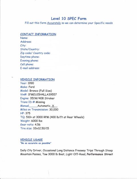 1990 Ford Bronco - This document is a Level 10 SPEC Form detailing vehicle information, including make, model, and year.