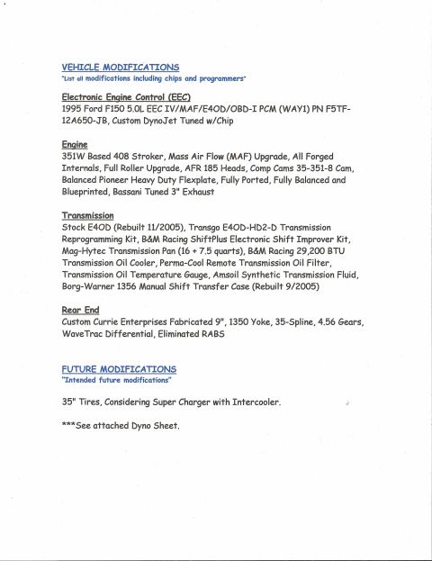 1990 Ford Bronco - List of vehicle modifications detailing engine, transmission, and rear end upgrades.