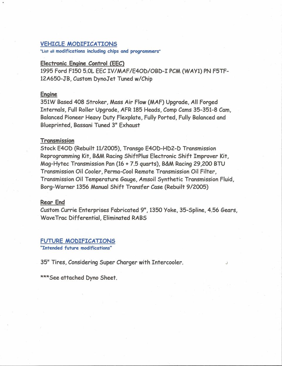Document listing vehicle modifications including engine, transmission, and rear end upgrades