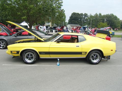 2007 Ford Mustang - A yellow 1971 Ford Mustang Mach 1 is displayed at a car show with other vehicles in the background.