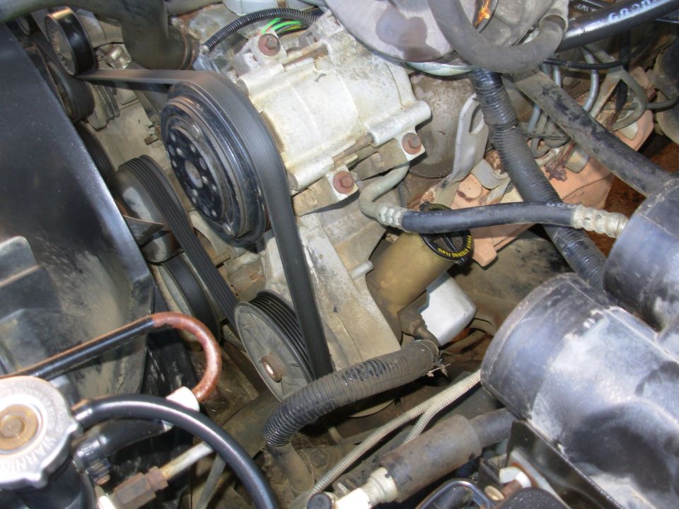 Engine bay view of accessory drive belt, pulleys and brackets