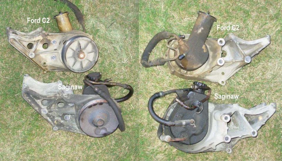 Two power steering pump brackets labeled Ford C2 and Saginaw on grass