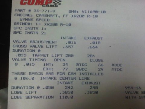 1979 Ford Bronco - A Comp Cams camshaft specification card, part #34-771-9, for a 'FF XR280 R-10' grind. It lists gross valve lift (.657 intake / .664 exhaust…