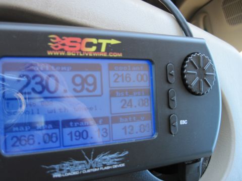 1973 Ford Ranchero - SCT Livewire tuning device displays engine parameters like temperature and boost pressure.