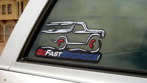 1996 Ford Bronco - A "GoFastBroncos.com" sticker is applied to the rear window of a vehicle.