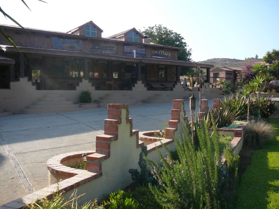 Building with a covered porch and stairs, surrounded by plants and a brick wall