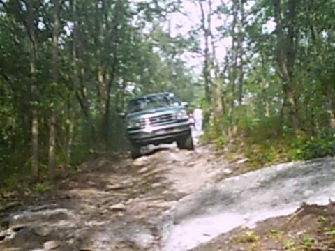 1988 Ford Bronco - 1988 Ford Bronco navigating a rough, off-road path through trees.
