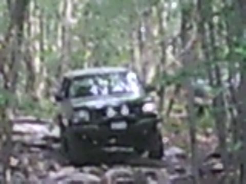 1988 Ford Bronco - A dark SUV navigates a challenging, rocky path through a dense forest.