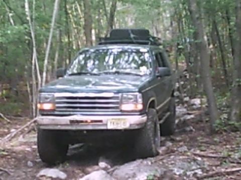 1988 Ford Bronco - This Ford Explorer is navigating a challenging off-road path through a dense forest.