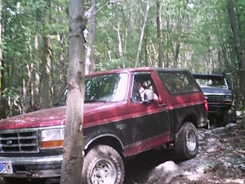 1988 Ford Bronco - Two Ford Broncos navigate a rocky trail through a forest.