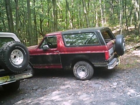 1988 Ford Bronco - A red and black 1988 Ford Bronco is parked in a wooded area next to another vehicle.