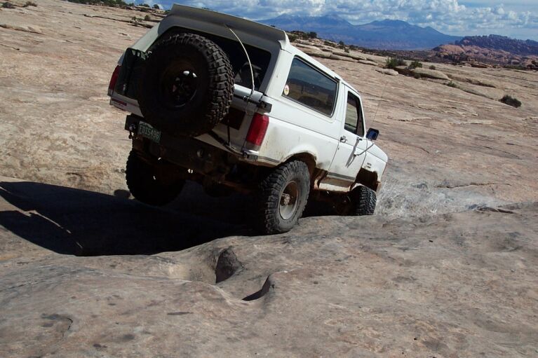Going back across the Crack; note the La Sal Mtns in the background