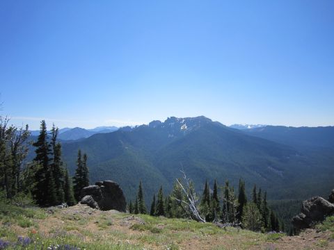 2008 Jeep Wrangler - A vast mountain range stretches out under a clear blue sky, with foreground trees and rocks.
