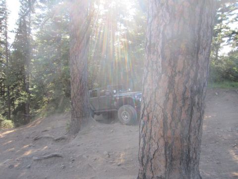 2008 Jeep Wrangler - A Jeep Wrangler is parked on a dirt trail surrounded by trees, with sunbeams shining through the canopy.