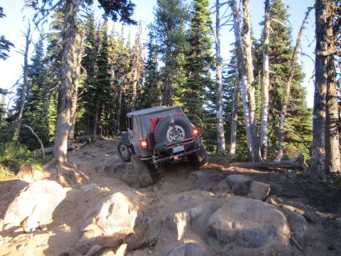2008 Jeep Wrangler - A Jeep Wrangler navigates a challenging, rocky off-road trail surrounded by tall trees.