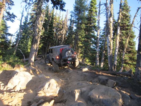 2008 Jeep Wrangler - A Jeep Wrangler navigates a challenging rocky terrain surrounded by dense forest.